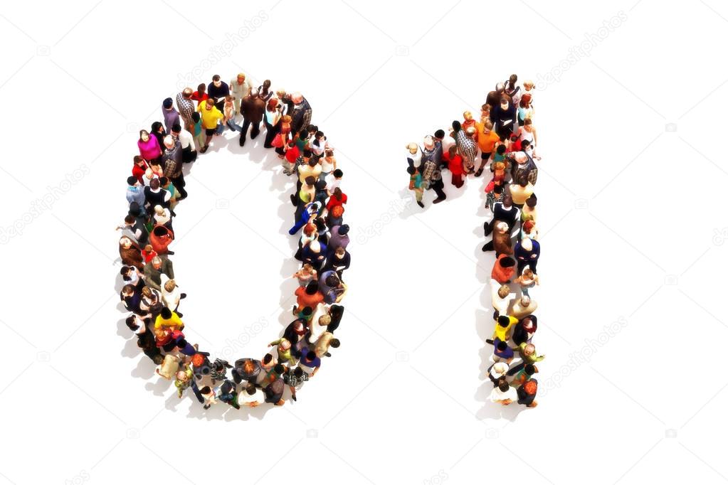 People forming the shape as a 3d number zero (0) and one (1) symbol on a white background. 