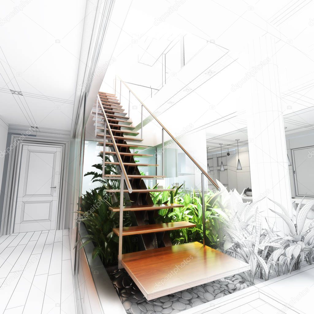 Sketch design of a stair hall with atrium , 3d rendering wire frame concepts