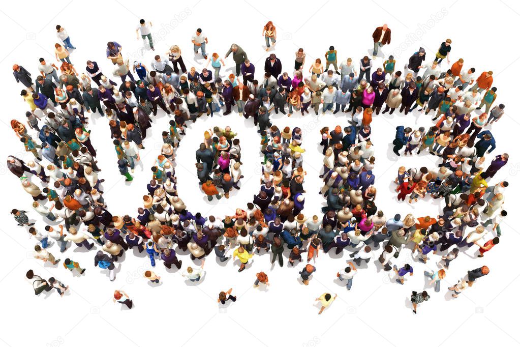 Stock Photo - People that vote. Large group of people walking to and forming the shape of the word text vote on a white background. 