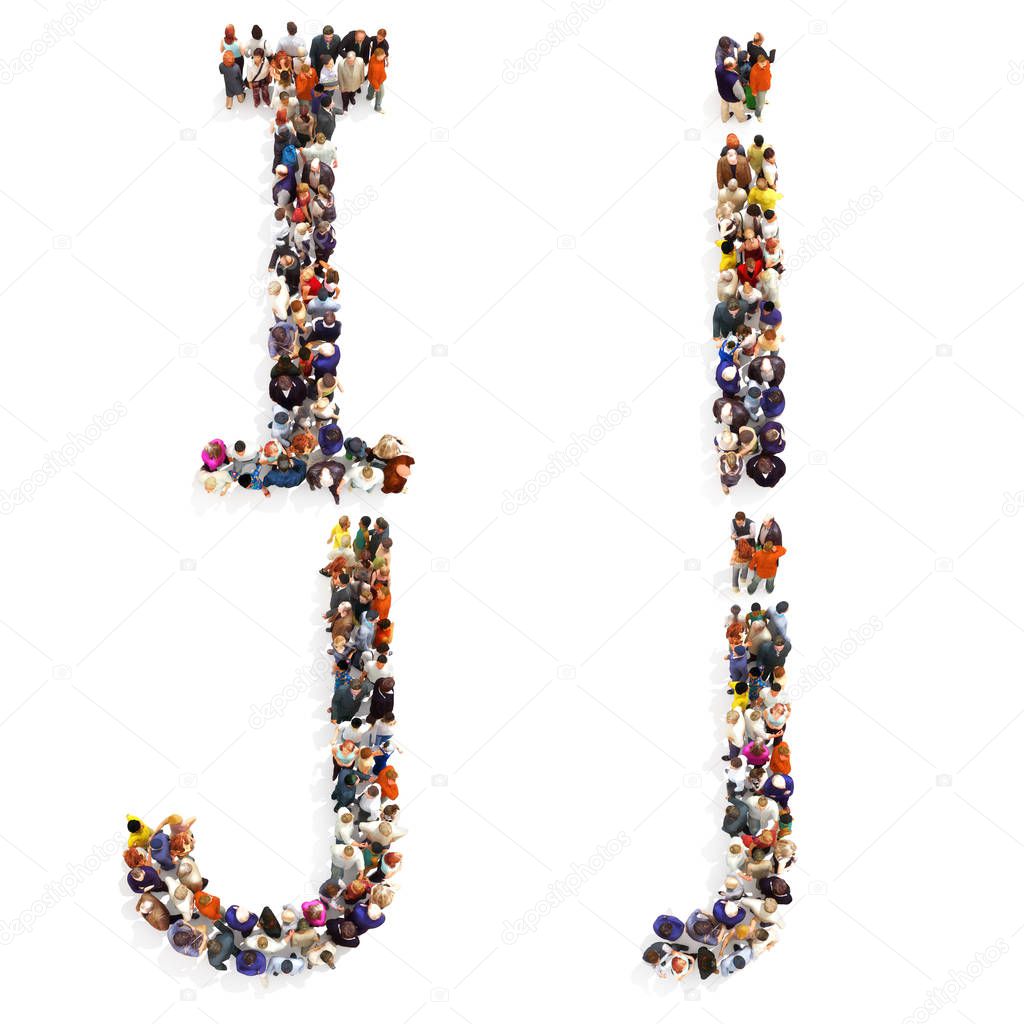 Collection of a large group of people forming the letter I and J in both upper and lower case isolated on a white background. 