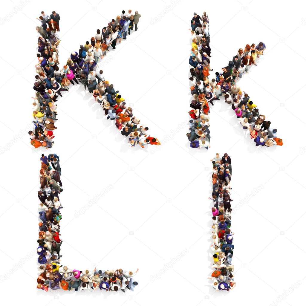 Collection of a large group of people forming the letter K and L in both upper and lower case isolated on a white background.