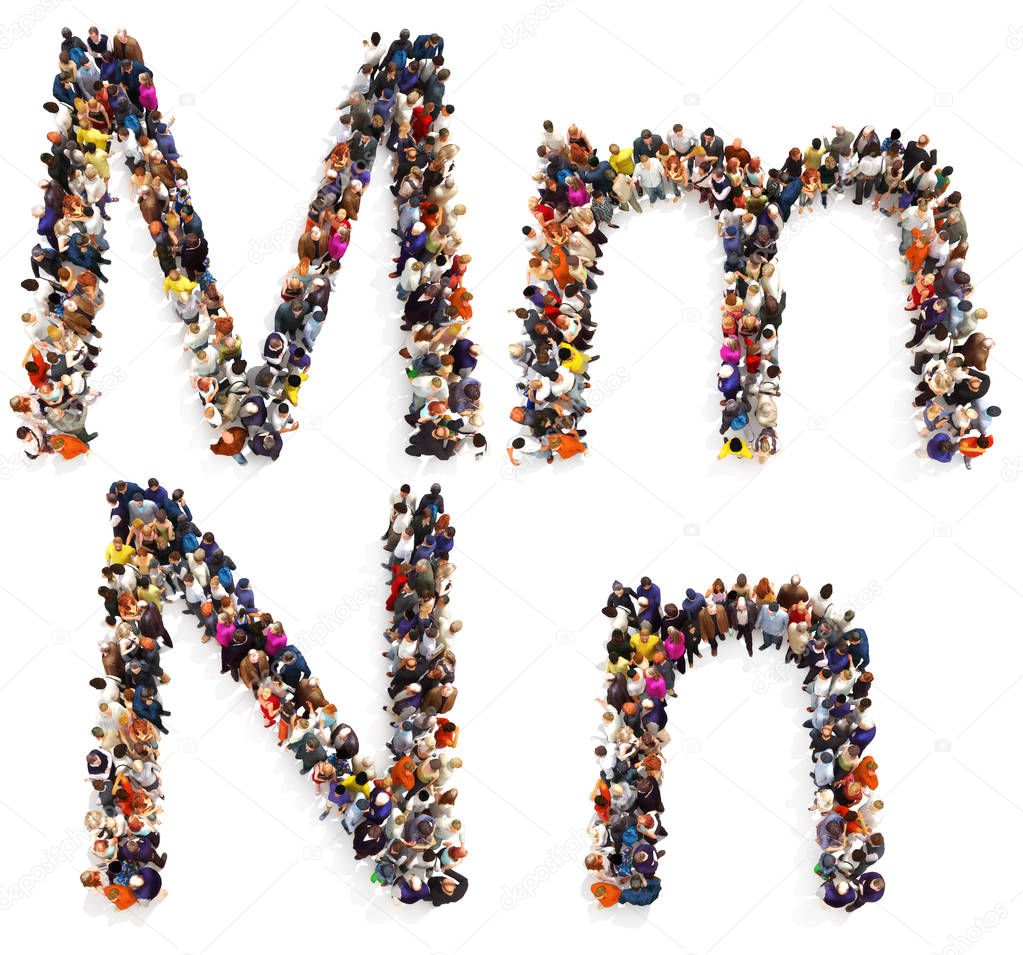 Collection of a large group of people forming the letter M and N in both upper and lower case isolated on a white background.