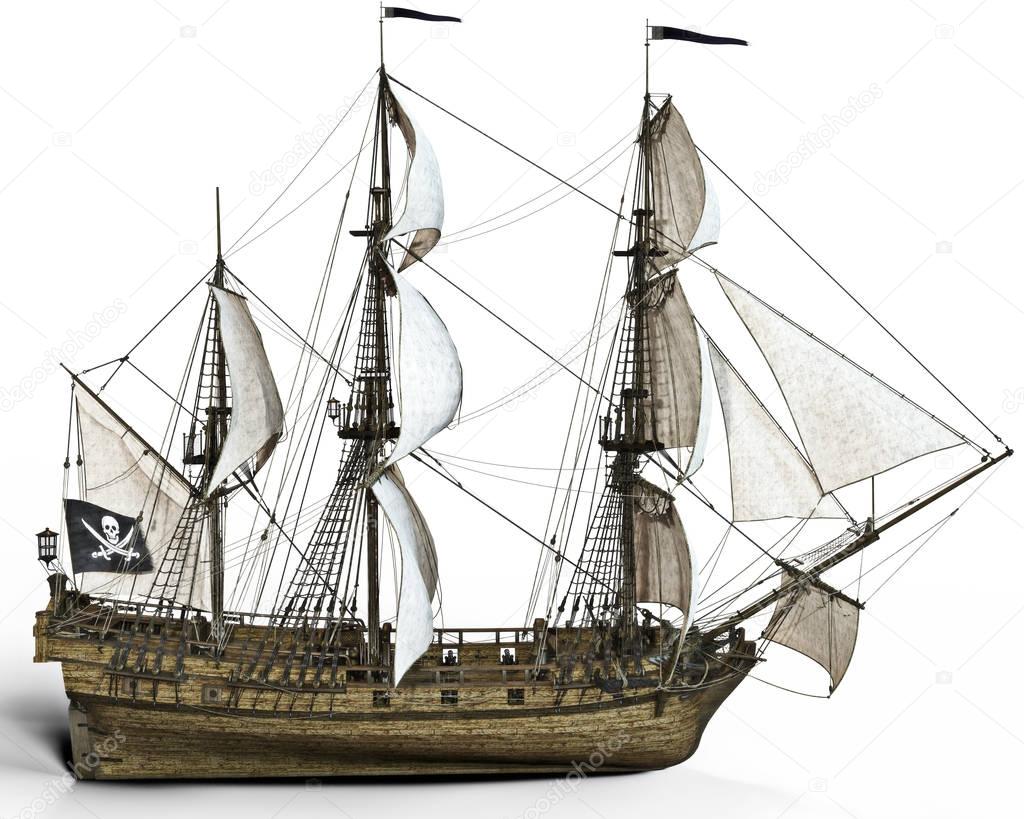 Pirate ship with sails on a white background, 