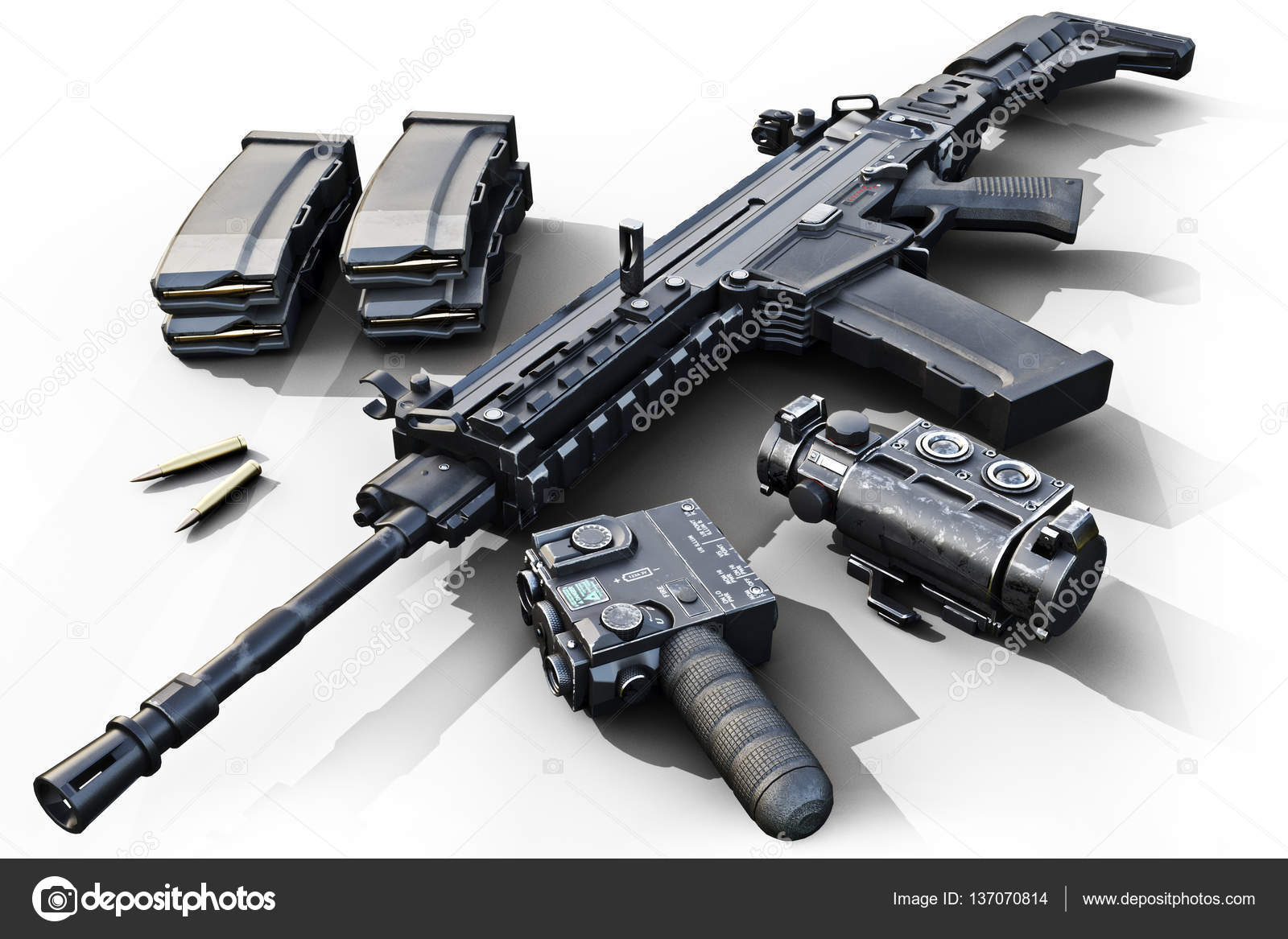 Assault rifle with tactical accessories front and rear sites , and