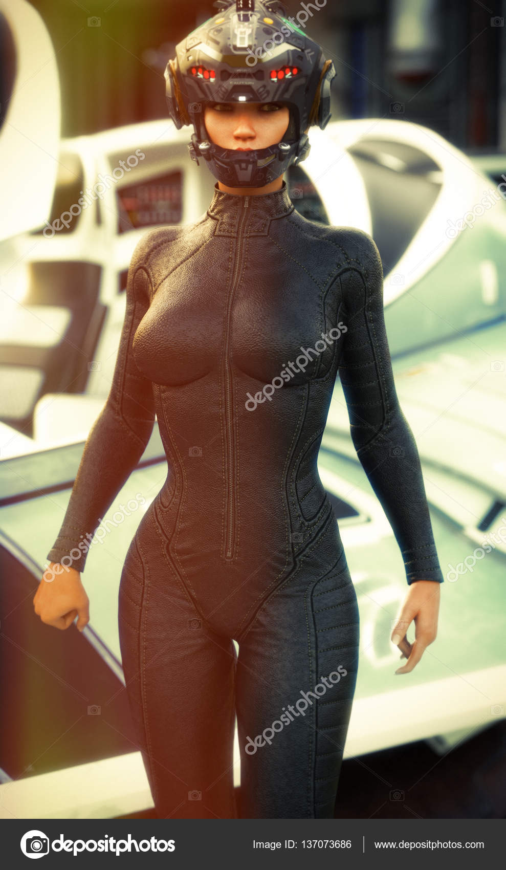 Science Fiction female pilot wearing helmet and uniform returning from