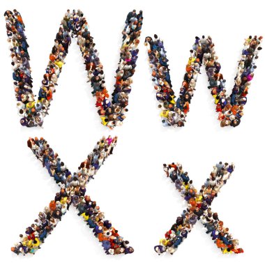 Collection of a large group of people forming the letter W and X in both upper and lower case isolated on a white background. clipart