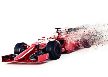Red motor sports race car front angled view speeding on a white background with speed dispersion effect. 