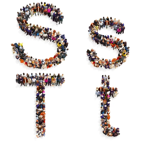 Collection of a large group of people forming the letter S and T in both upper and lower case isolated on a white background.\ — Stock Photo, Image