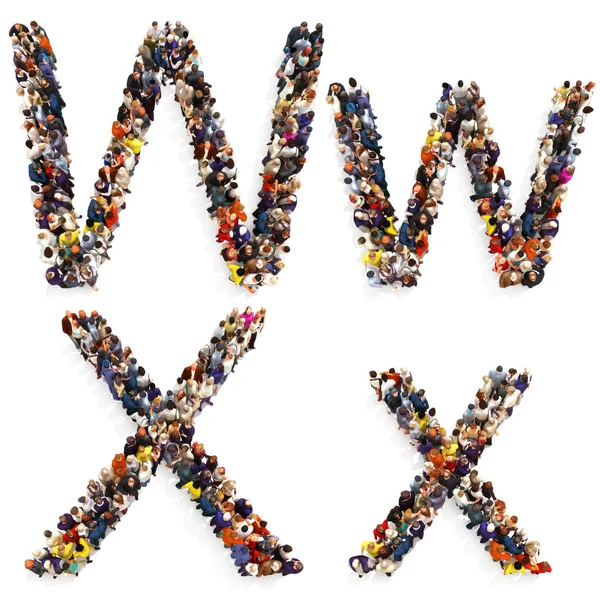 Colección de un gran grupo de personas que forman la letra W y X en mayúsculas y minúsculas aisladas sobre un fondo blanco . — Foto de Stock
