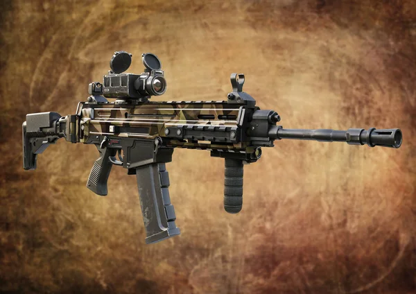 Assault rifle woestijn camouflage toevoeging met tactische accessoires voorzijde en achterzijde sites en een laser geweer toepassingsgebied geleid op een achtergrond met kleurovergang . — Stockfoto