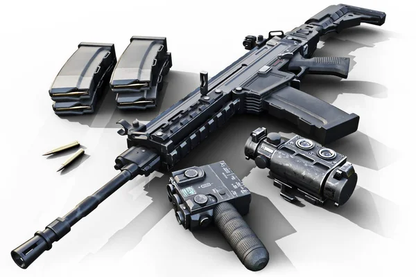Rifle de asalto con accesorios tácticos en la parte delantera y trasera, mira guiada por láser y pinzas de munición sobre fondo blanco  . —  Fotos de Stock