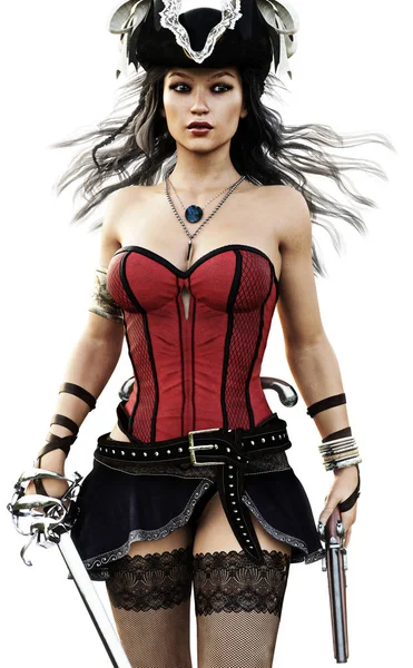 Portrait of a sexy Pirate female walking toward the camera wearing a corset,stalkings and skirt with pistol and sword. — Stock Photo, Image