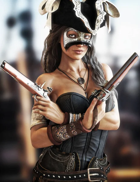 Portrait of a sexy Pirate female standing on the deck of her ship wearing a corset and secretive mask and twin pistols drawn. — Stock Photo, Image