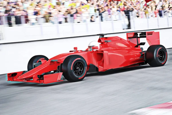 Motorsport roter Rennwagen mit abgewinkeltem Blick, der die Rennstrecke hinunterrast und das Feld anführt, mit Bewegungsunschärfe und Menschenmenge im Hintergrund. — Stockfoto