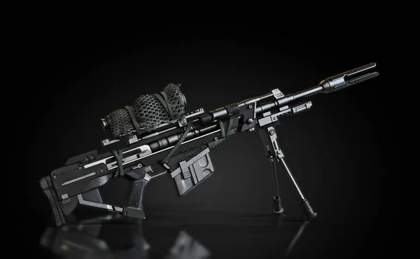 Sniper rifle with bi-pod and camouflaged scope on a black background and reflective floor — Stock Photo, Image