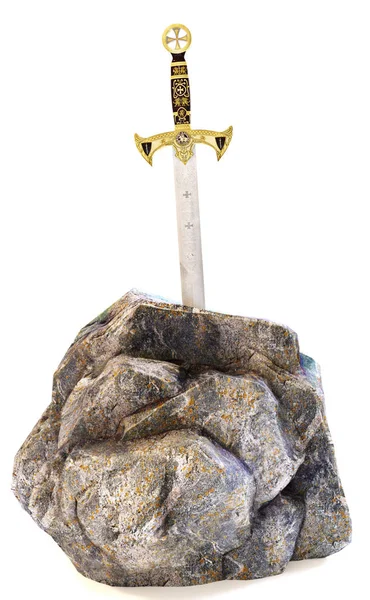 Espada en piedra sobre un fondo blanco aislado. Metáfora de metas, dedicación o determinación  . — Foto de Stock