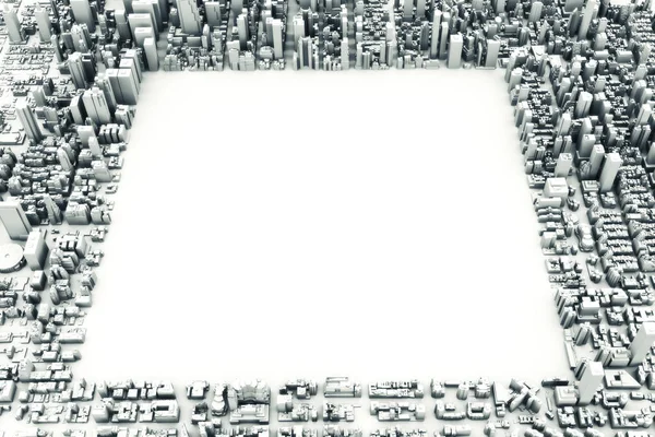 Architectural 3D model illustration of a large city on a white background with a cut out square with room for text or copy space