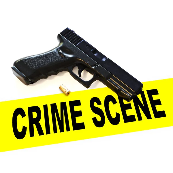 Crime scene with pistol hand gun weapon , expelled round and crime scene tape on a white background. 3d rendering — Stock Photo, Image