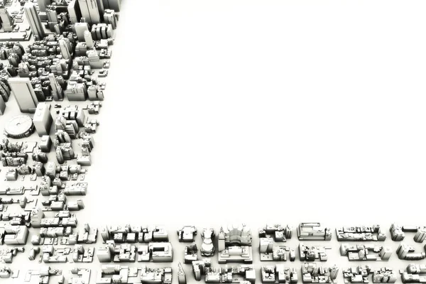 Architectural 3D model illustration of a large city on a white background with a cut out square with room for text or copy space.