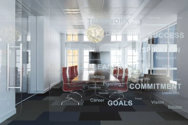 Виконавчий сучасний порожній бізнес висотних офісних конференц-залів з видом на місто з діловими надихаючими цілями, опублікованими на скляній стіні — стокове фото