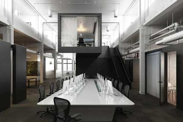 Ejecutivo moderno vacío oficina sala de conferencias con tragaluces y acentos industriales  . — Foto de Stock