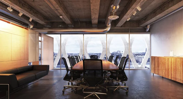Executive modern empty business high rise office conference room overlooking a city with industrial accents — Stock Photo, Image