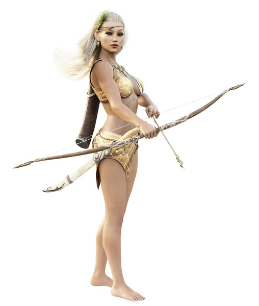 Fantasy blonde Female wood elf archer with bow and arrow standing guard on a white background. — Stock Photo, Image