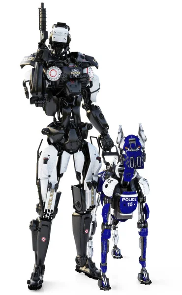 Futuristiska Begreppet Polis Beväpnad Robot Och Bifoga Hund Rendering — Stockfoto