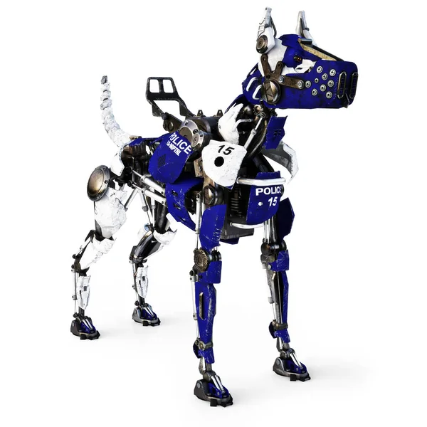 Robot futurista mecánico cyborg perro policía sobre un fondo blanco . — Foto de Stock