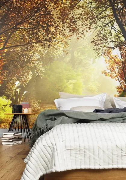 Interno di un'accogliente camera da letto rustica con un muro di campagna natura sfondo murale . — Foto Stock