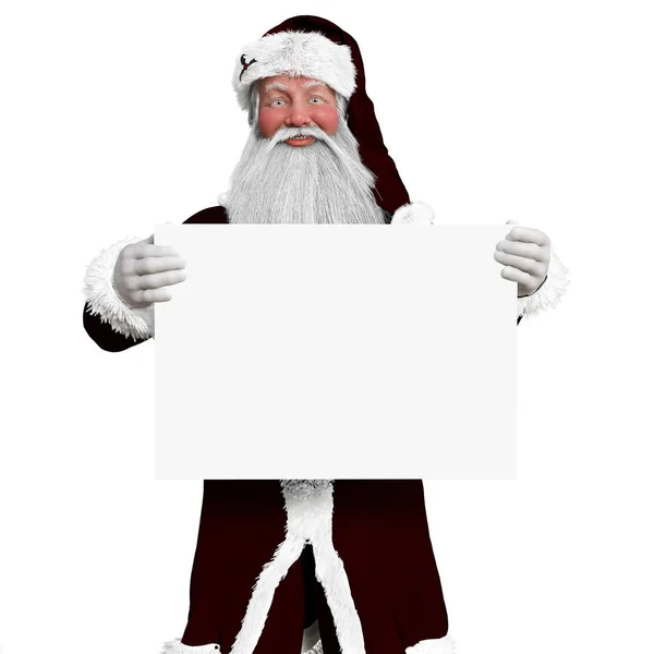 Feliz sorriso Papai Noel segurando um sinal de banner de anúncio em branco com espaço para texto ou espaço de cópia. Renderização 3d — Fotografia de Stock