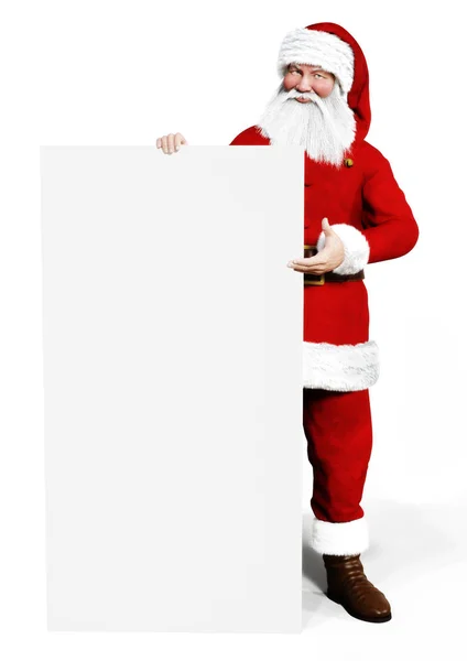 Feliz sorriso Papai Noel segurando um sinal de banner de anúncio em branco com espaço para texto ou espaço de cópia . — Fotografia de Stock