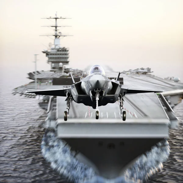 Carrier jet takeoff . Advanced aircraft jet taking off from a navy aircraft carrier. — Stock Photo, Image