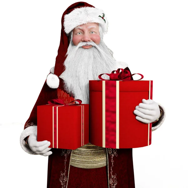 Smiling Santa Claus holding present with a white background — Stock Photo, Image