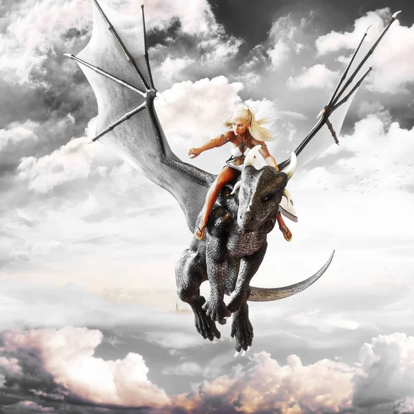 Dragon rider, Blonde female riding the back of a black flying dragon. Stock Photo