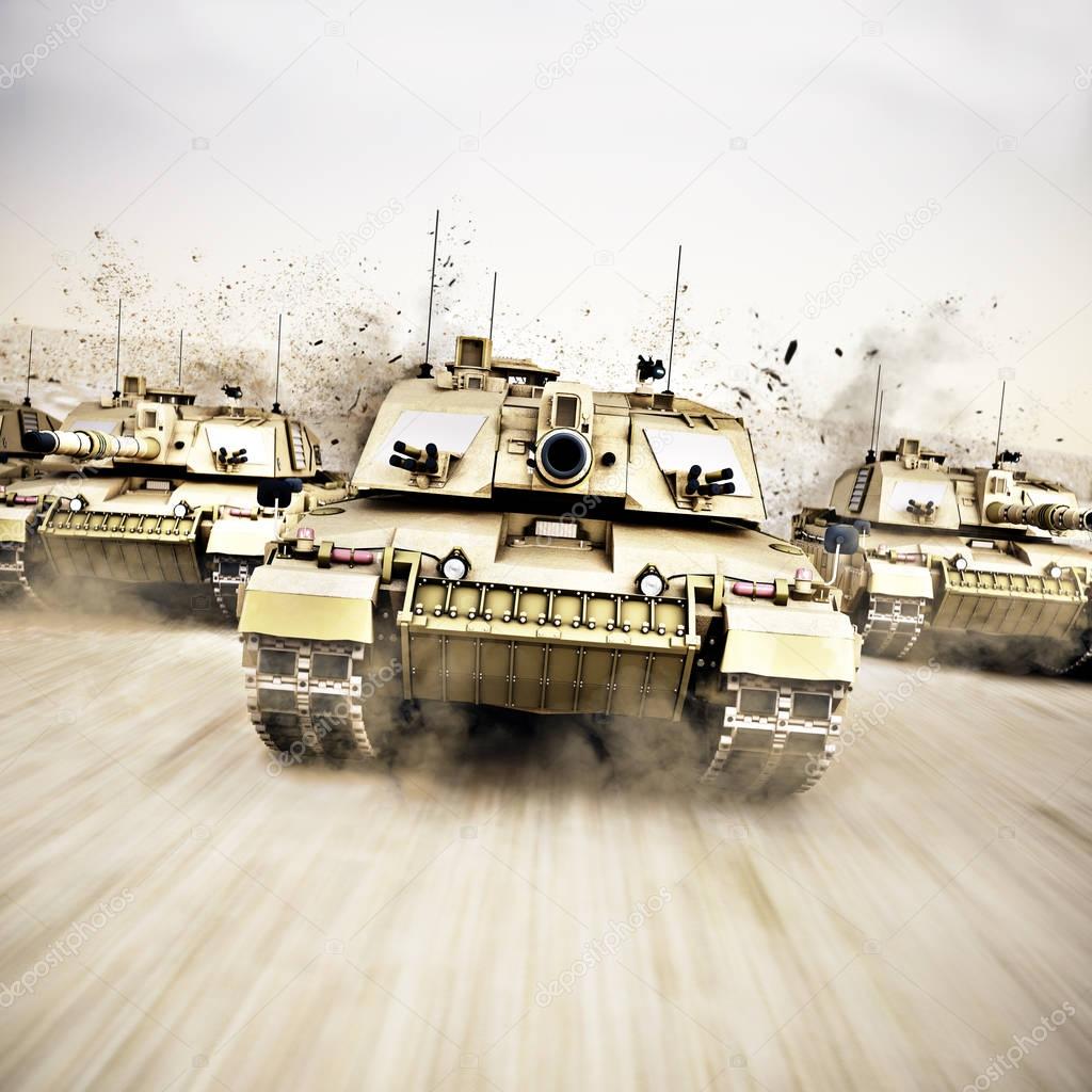 Military armored tank convoy moving at a high rate of speed with motion blur over sand. Generic photo realistic 