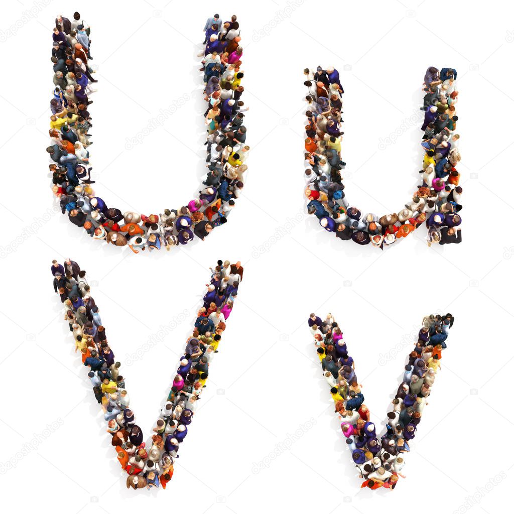 Collection of a large group of people forming the letter U and V in both upper and lower case isolated on a white background. 