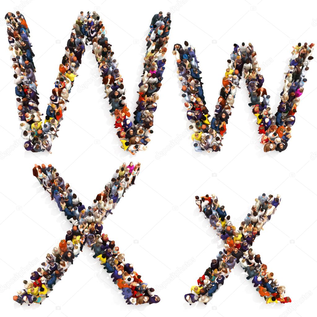 Collection of a large group of people forming the letter W and X in both upper and lower case isolated on a white background.