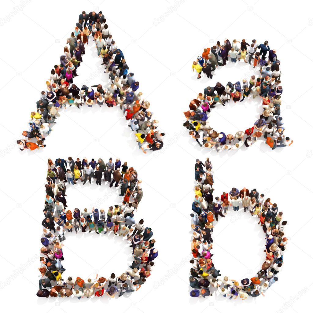 Collection of a large group of people forming the letter A and B in both upper and lower case isolated on a white background
