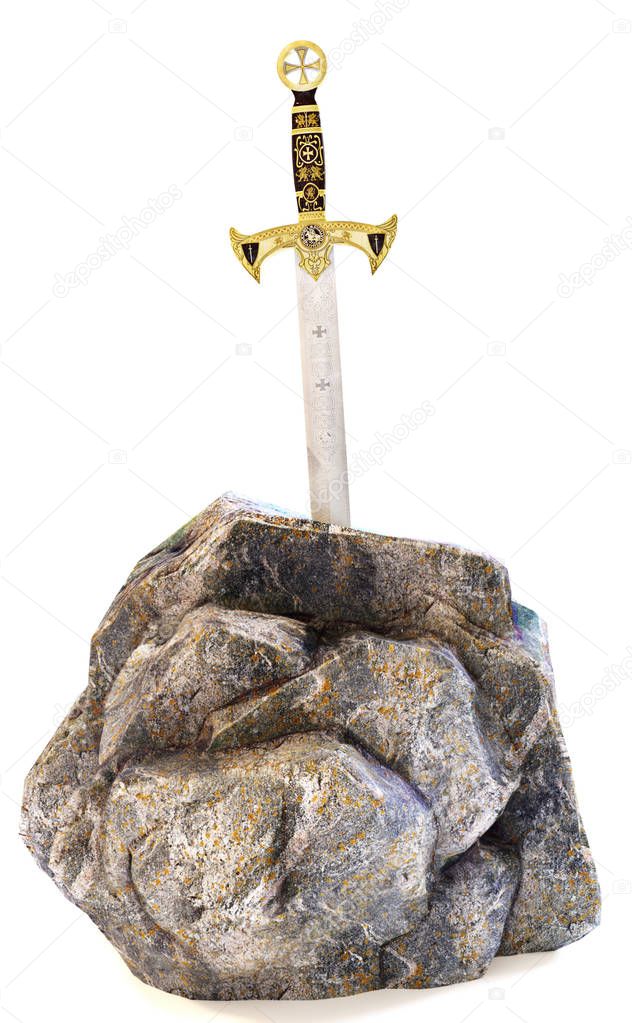 Sword in stone on an isolated white background. Metaphor for goals ,dedication or determination .