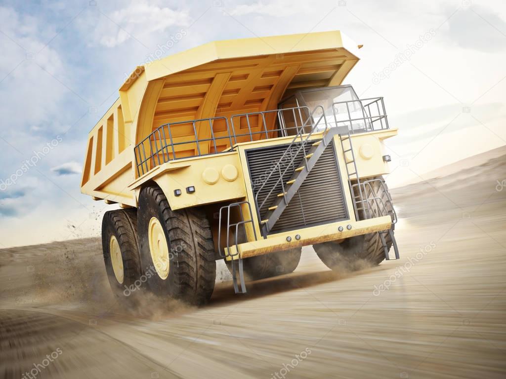 Mining truck transporting materials down a dirt road . 