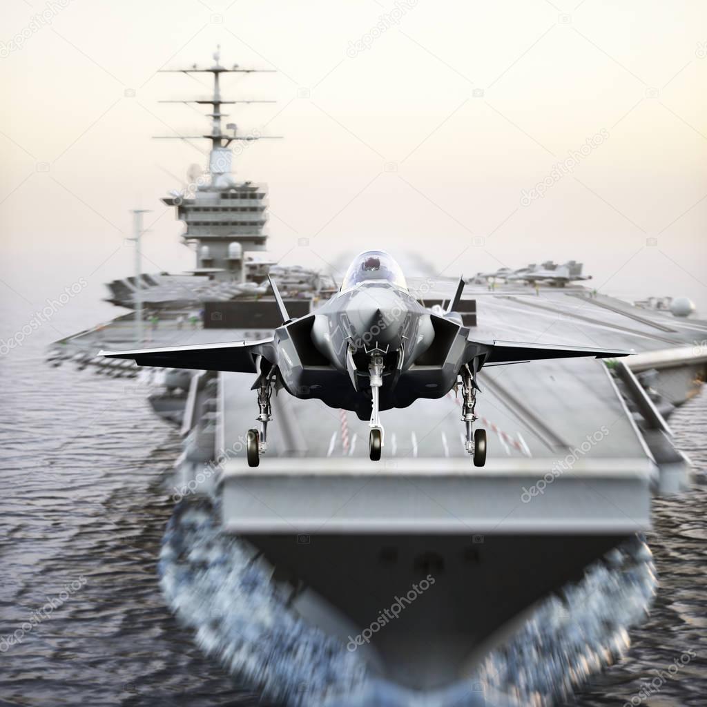 Carrier jet takeoff . Advanced aircraft jet taking off from a navy aircraft carrier.