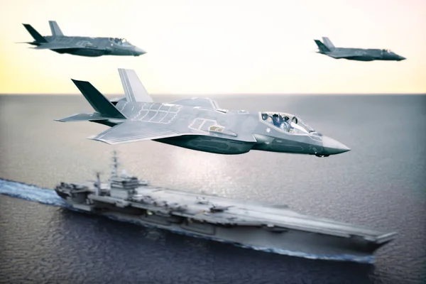 Military Jet strike force squadron flying overhead in formation with a naval carrier in the distance. Depth of field and motion blur applied . — Stock Photo, Image