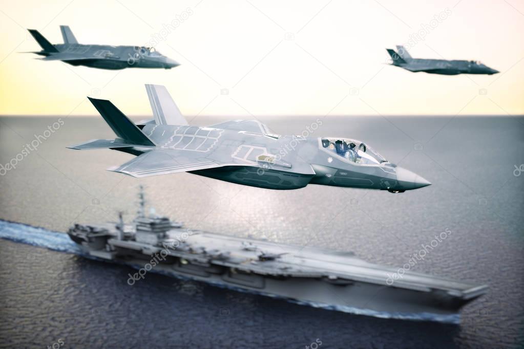 Military Jet strike force squadron flying overhead in formation with a naval carrier in the distance. Depth of field and motion blur applied .