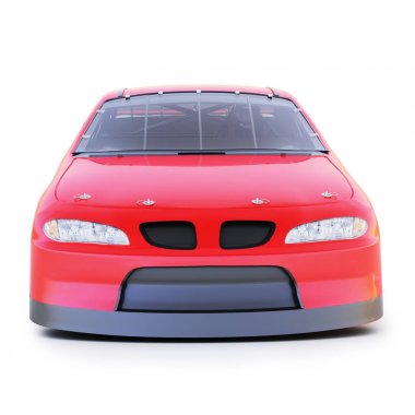 Kırmızı genel motorsporları otomatik yarış araba önden görünüm üzerinde bir izole beyaz arka plan .3d işleme