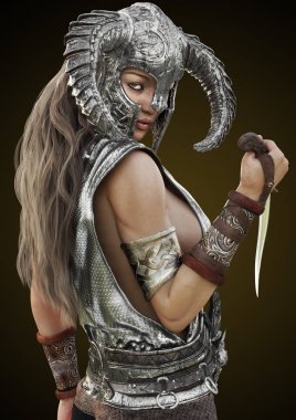 Fantezi rouge savaşçı kadın kask ve degrade arka plan üzerinde hançer ile poz. 3D render illüstrasyon.