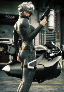 Bilim kurgu kadın onu jet bisiklet önünde poz arka planda kask ve polis karakolu ile üniforma giyen polis. 3D render illüstrasyon