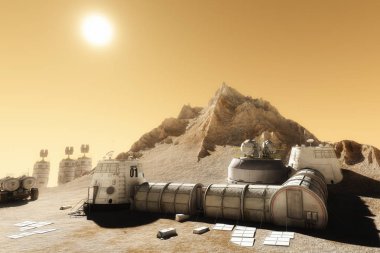 Habitat yerleşim araştırma ve kamaralar Mars'ın ıssız gezegende. 3D render illüstrasyon 