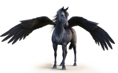 Efsanevi siyah Pegasus beyaz poz arka plan izole. 3D render