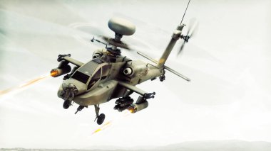 Onun roketler ateş bir hedef ilgi çekici Apache longbow helikopteri silahlı saldırı. 3D render